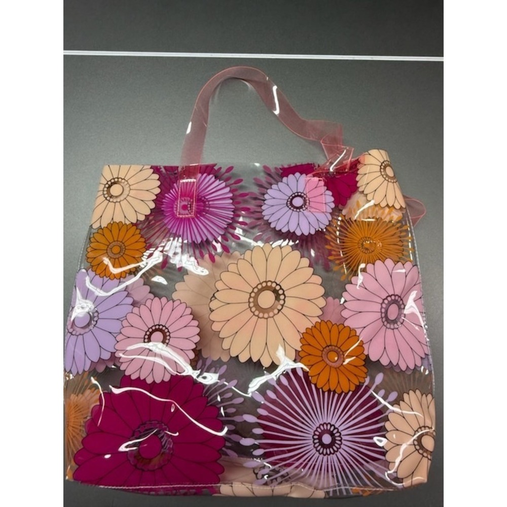 Clear Vinyl Floral Tote Bag Pink Purple Orange Daisy Print Transparent Beach Bag